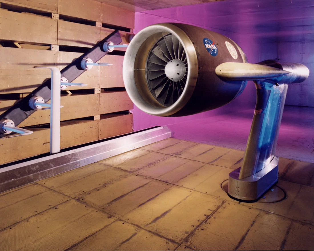 A turbofan test model in a NASA wind tunnel