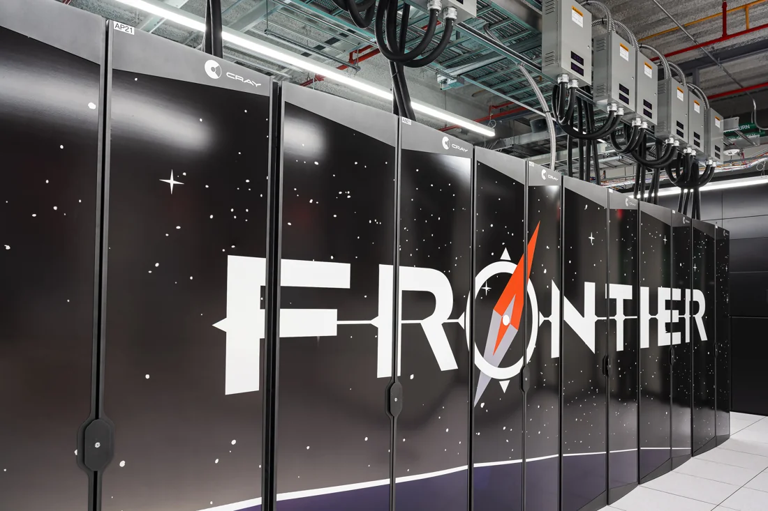 Frontier computing cabinets and overhead electrical infrastructure at Oak Ridge National Laboratory