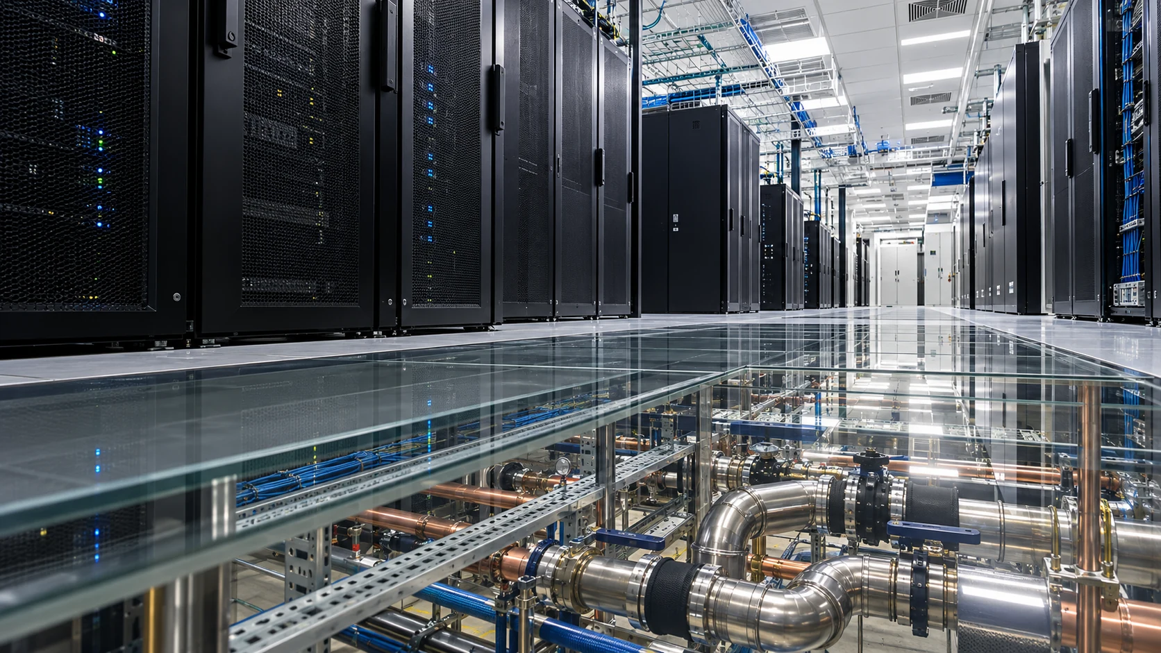 Illustrative data-center concept with server racks and visible cooling pipes beneath a glass floor